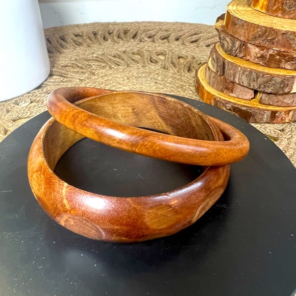 1970s Faux Wood Bangle Bracelet Set- Brown Mid Century Modern- Vintage Jewelry - Picture 1 of 6